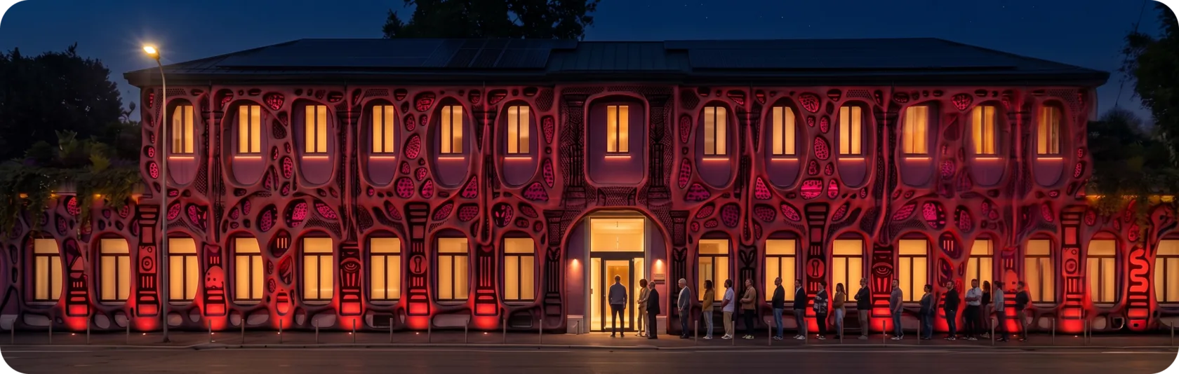Facade of Tempio del Futuro Perduto in 2070-80, evening