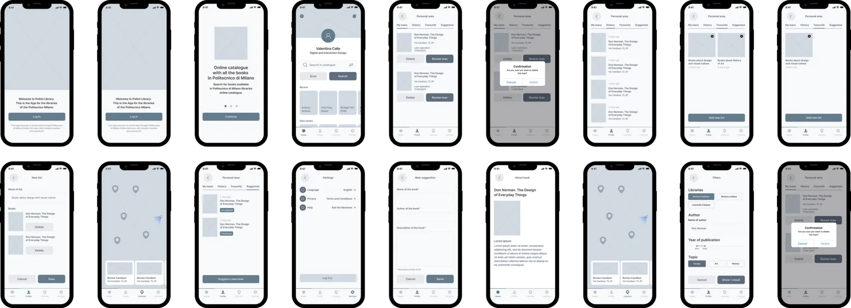 Low-fidelity wireframes. Visibly simpler and more minimal than the original app – the bottom menu on the home page as the single pivot into Personal Area, Map of Libraries and Settings.