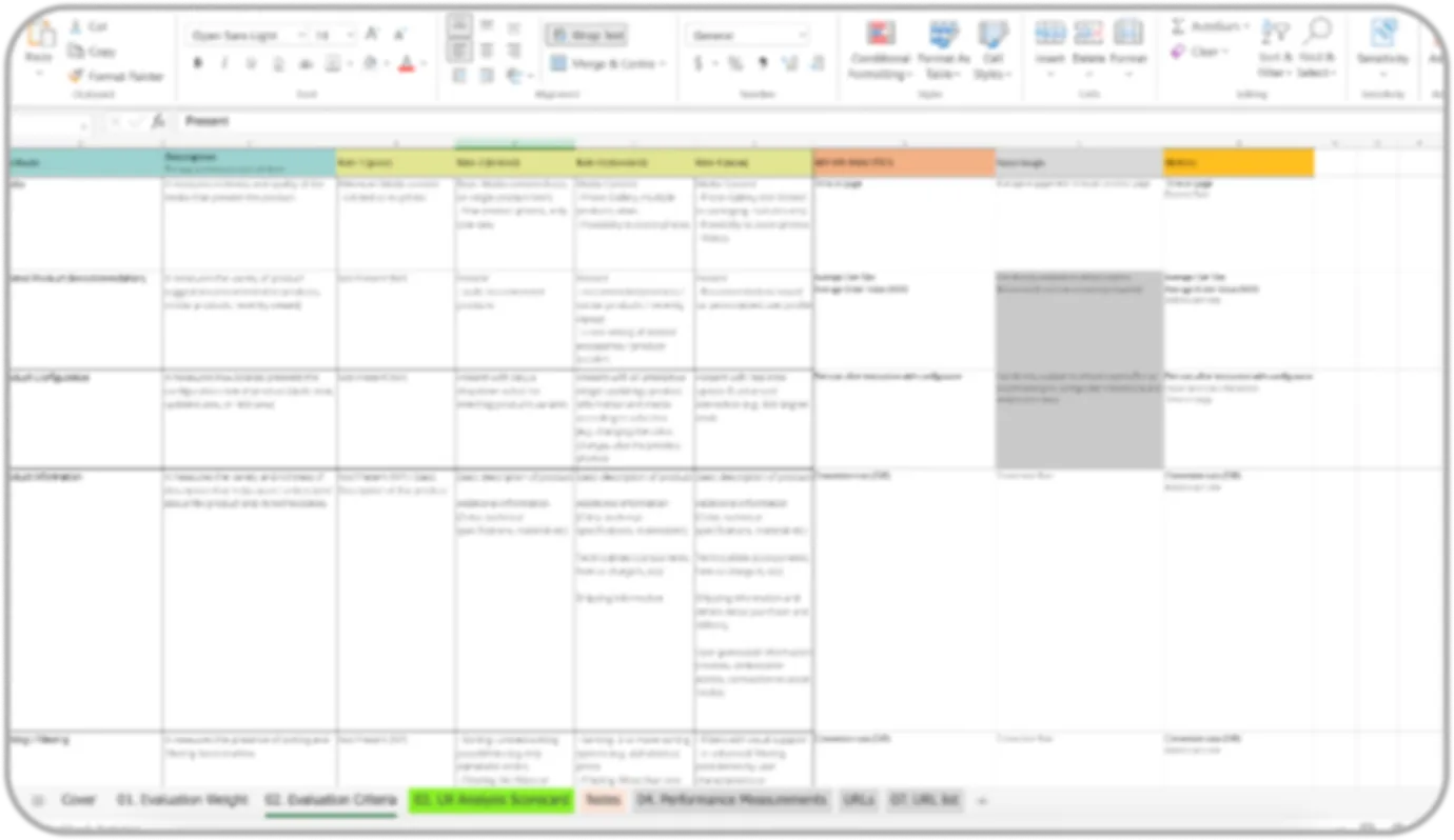 Framework of evaluation. Blurred to protect client material; the scale of the process is the point.